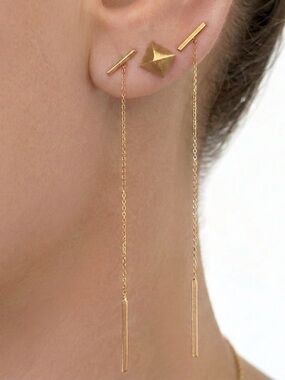 Luxury 14k Solid Gold Threader Bar Drop Earrings | Fine Jewelry Stylist Curated